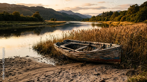 Old weathered wooden rowing vessel resting on the quiet sandy shoreline by the calm river water during a golden sunset hour in the remote countryside with hills looming in the distant horizon