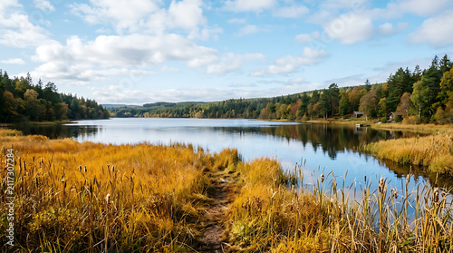 Autumn forest reflection across the serene lake surface under a bright blue sky filled with clouds during a peaceful afternoon in the northern wilderness area showcasing nature scenic beauty