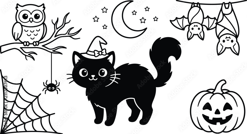 Fototapeta premium Cute halloween coloring page featuring a black cat wearing a witch hat, owl, bats, and pumpkin.