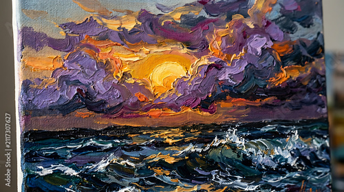 Vibrant oil painting of sunset over ocean waves featuring thick impasto brushstrokes and rich colors showing clouds reflecting golden sun light as the tide rolls into shore during a peaceful