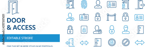 Open Door Line Icon Set vector illustration featuring login logout register password face recognition key lock exit and access control outline symbols for app UI