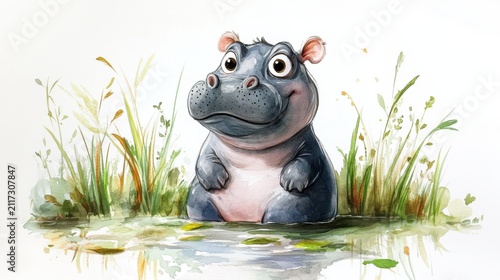 watercolor cartoon baby hippo sitting in a pond, white background