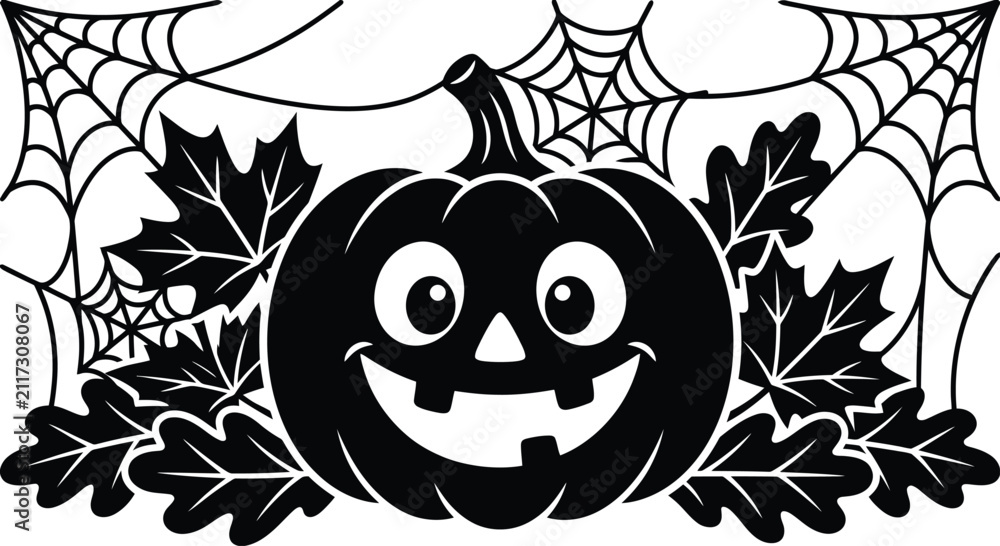 Fototapeta premium A cute halloween pumpkin black silhouette illustration surrounded by autumn leaves and spider webs.