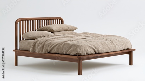 The Wooden Bed Frame with Slatted Headboard and Neutral Linen Bedding