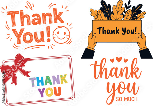 Thank You typographic vector badge collection. Set of four modern thank you graphics including textured orange lettering, hands holding sign, gift card with bow, and cursive script.