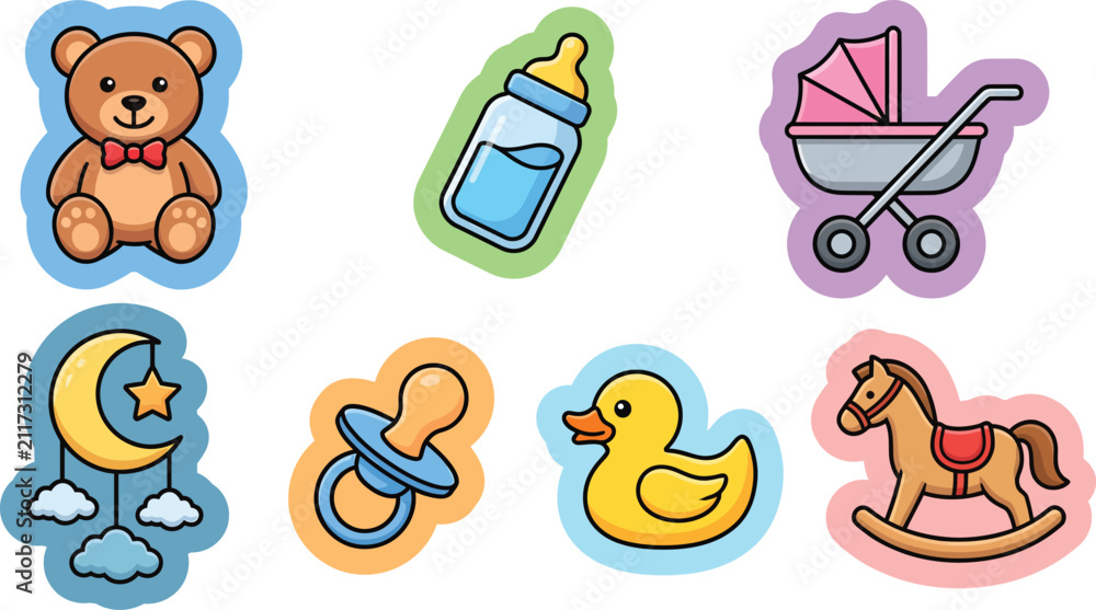 Fototapeta premium Baby Essentials Sticker Icons for Apps, Websites, Parenting Blogs, Baby Showers and Nursery Design