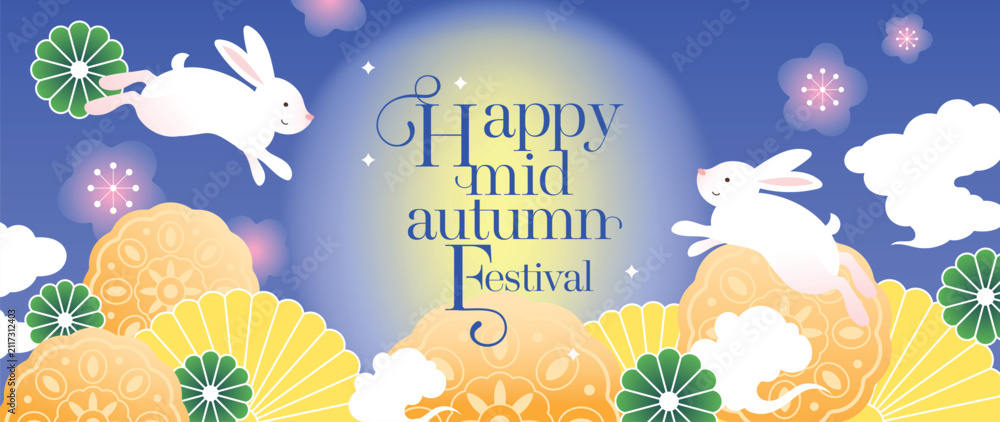 Obraz premium Mid Autumn Festival vector background wallpaper with two jade rabbits on mooncakes, glowing full moon, hanging lanterns, osmanthus blossoms and purple sky