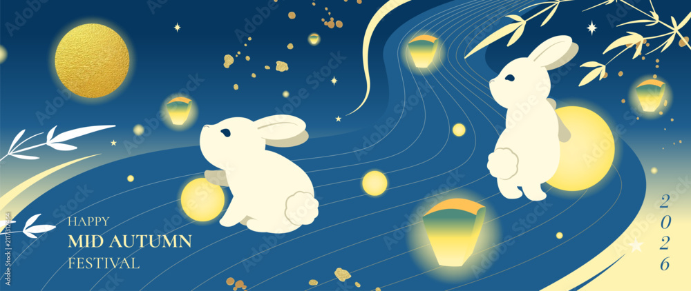 Obraz premium Mid Autumn Festival vector background wallpaper with two jade rabbits on mooncakes, glowing full moon, hanging lanterns, osmanthus blossoms and purple sky