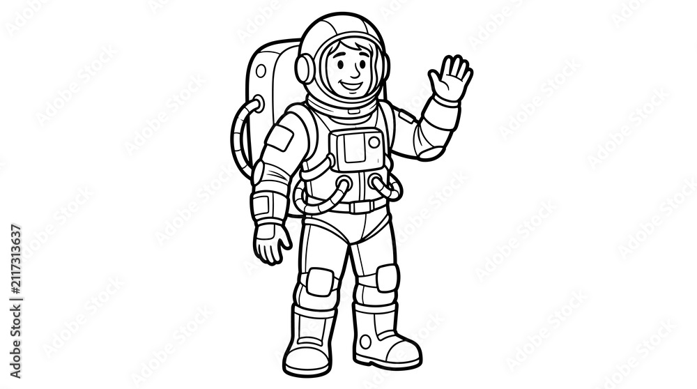Fototapeta premium Classic Astronaut Waving Hello, Black and White Line Art Illustration for Coloring Pages, Space Exploration Concept, Isolated on White Background