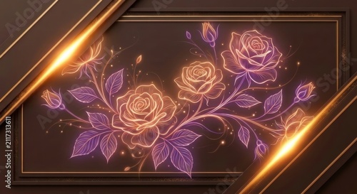 Glowing neon rose luxury frame background template with golden geometric border light lines copy space for card banner