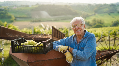 Bild auf Leinwand Senior wine producer collecting grapes for organic production - Tradition, farme