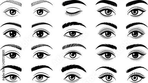 Bild auf Leinwand Female eyes and eyebrows vector set featuring mascara eyelashes linear makeup sh