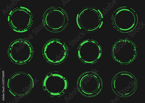 Futuristic green HUD circular interface elements set, neon sci fi radar rings and digital target indicators, cyber technology overlays for gaming, monitoring and broadcast design. Vector isolated set