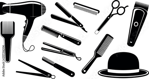 Foto Barbershop and hair salon tools vector silhouette set featuring hairdryer scisso