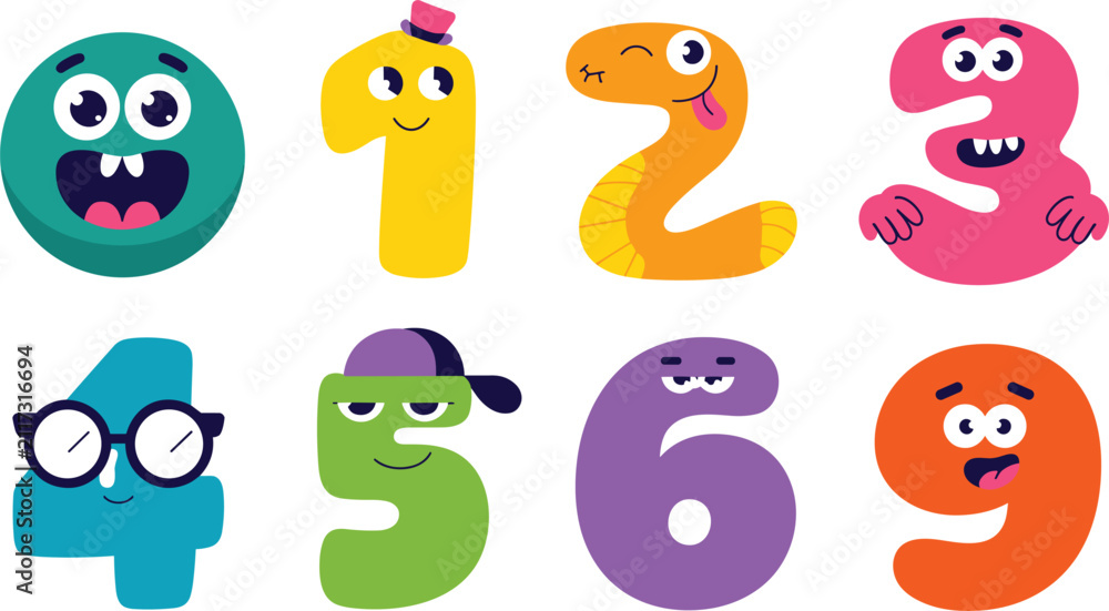 Fototapeta premium Cute Cartoon Number Monster Characters Set with Funny Smiley Faces and Colorful Math Symbols for Kids Education School Posters and Children Designs
