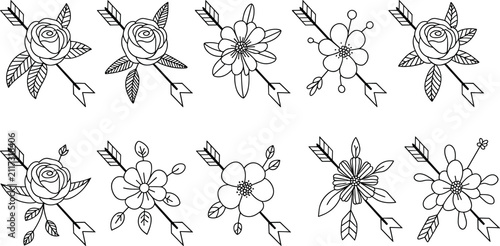 Foto Flower arrow vector set with vintage old school rose line art isolated on white