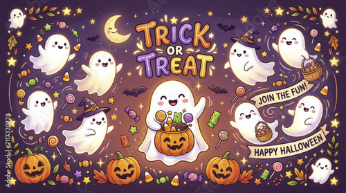 Adorable Cartoon Ghosts and Jack-o-lanterns with 