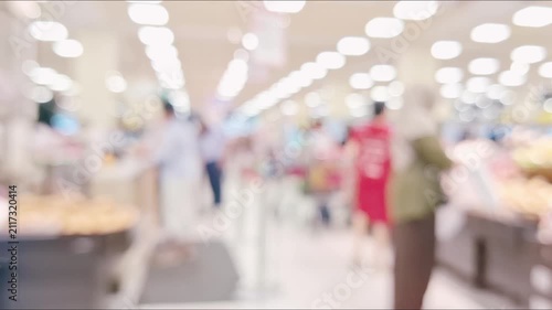 Blurred, out-of-focus video of shoppers walking in a supermarket with bokeh lighting in the background.