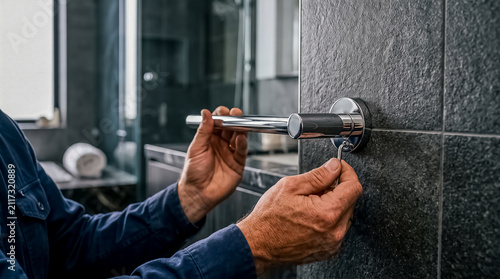 Technician using allen key wrench tool to mount modern stainless steel towel rail holder on dark bathroom tile.