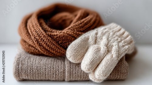 This image showcases a collection of cozy knitted winter accessories, including a scarf and mittens, representing warmth and comfort during the cold season.