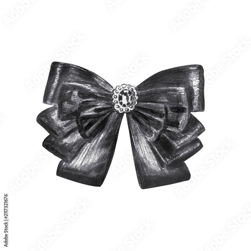 Elegant ribbon bow with glowing crystal jewel brooch in center. Hand drawn charcoal fashion accessory illustration isolated on. Realistic detailed black monochrome drawing.