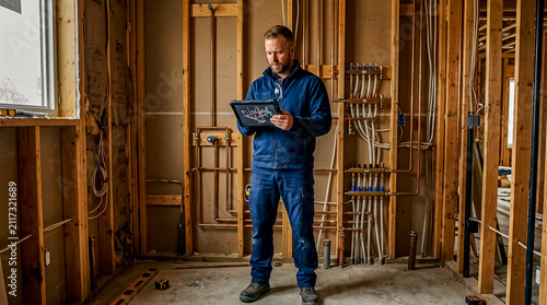 A builder in a blue work uniform holds a tablet computer while inspecting a wood-framed wall with exposed pipework lines.