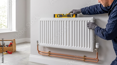 A technician uses an orange spirit level tool to align a white home heating radiator panel mounted on a light gray wall.