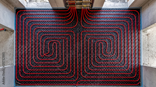 Top view of red flexible PEX underfloor heating pipes installed in a neat spiral layout pattern over an insulation layer.