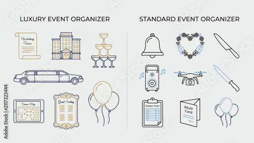 Luxury & Standard Indian Event Organizer Icons: Editable Vector Outline Set for Wedding Vows, Champagne Towers & Guest Seating