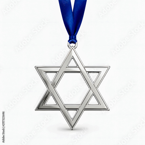 Silver Star of David pendant with blue ribbon on white background  