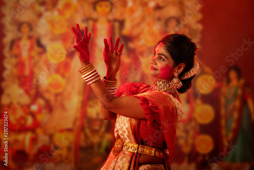 Portrait of Bengali married women celebrating Durga Puja