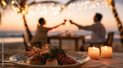 Romantic sunset beach dinner with a couple toasting wine