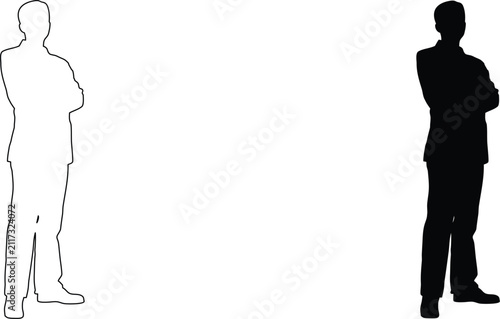 Принти на полотні Silhouette man standing with arms crossed displaying serious expression and determination business man isolated on transparent background outline illustration