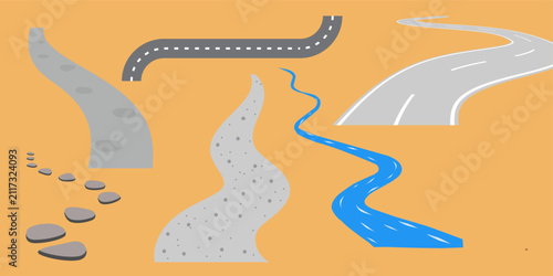 Vector Map Paths and Roads Set, River Stream, Gravel Trail and Asphalt Highway Route Collection