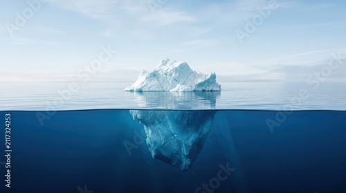 Iceberg showing tip above water and large submerged part under deep blue ocean.