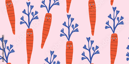 Cute seamless pattern featuring smiling carrots with adorable kawaii faces on a soft blush pink background. Cheerful vegetable characters bring playful charm to nursery fabrics, baby textiles