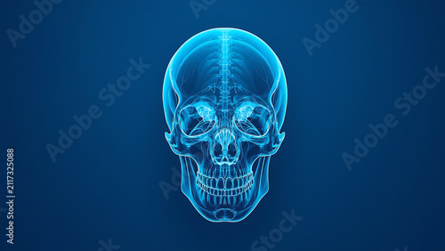 Glowing Blue Human Skull X-Ray - Medical Science and Anatomy Concept
