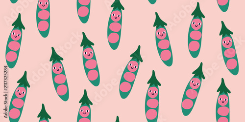 Cute seamless pattern featuring smiling green peas in open pods with adorable kawaii faces on a soft peach background. Playful vegetable characters create a cheerful nursery design, perfect for baby
