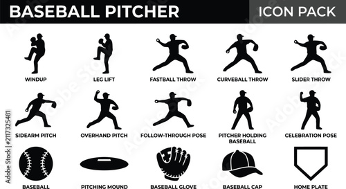 Baseball Pitcher Silhouette Icon Pack Showing Various Throwing Actions Isolated