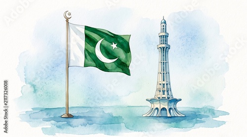Pakistan Flag with Minar-e-Pakistan Watercolor Illustration
