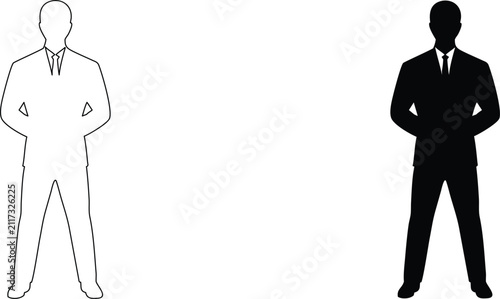 Professional business suit man standing with arms crossed in silhouette and line art style for executive corporate work.