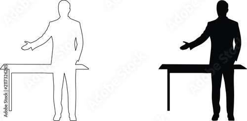 Silhouette and outline of man behind table pointing with open hand on transparent background vector illustration isolated on grey.
