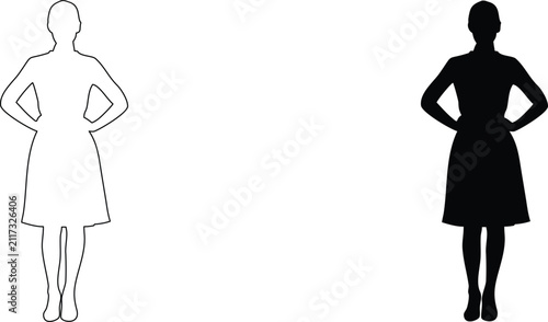 Silhouette and outline of woman with hands on hips on transparent background vector illustration isolated on grey checkered background.