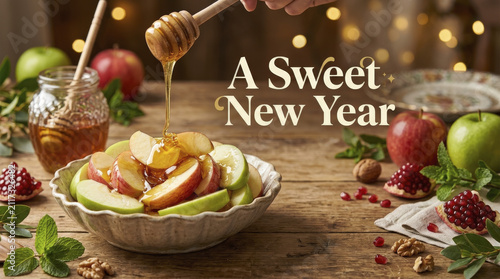 Rosh Hashanah Sweet New Year: Hand Drizzling Golden Honey Over Sliced Apples on Rustic Wooden Table with Pomegranates