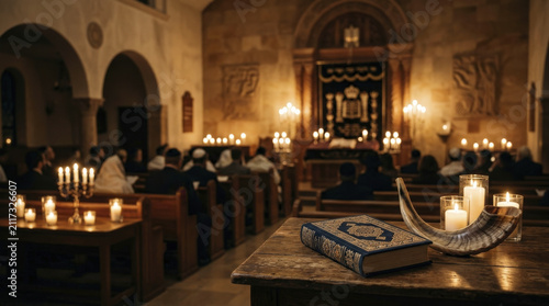 Rosh Hashanah Synagogue Service with Worshipers, Focus on Shofar, Prayer Book, and Candles for Jewish New Year.