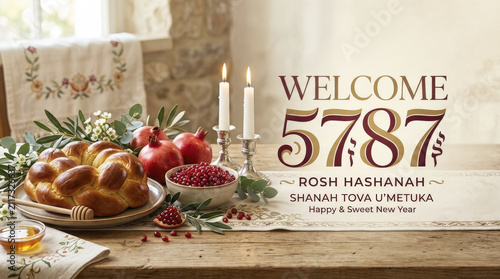 Rosh Hashanah Festive Table Setting with Challah, Pomegranates, Candles, and 
