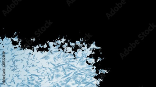 Dark granular snow recedes to reveal pale blue frost crystals and intricate ice patterns spreading across a frozen surface in a cold winter macro view, 3d animation
