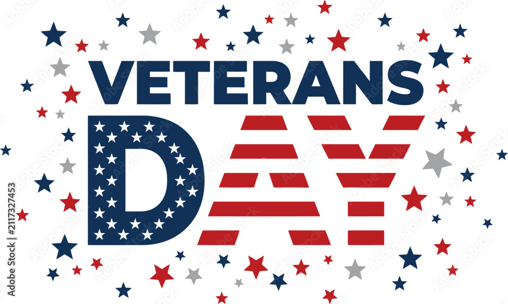 Obraz premium Decorative veterans day text design featuring american flag patterns and festive stars on a clean white background