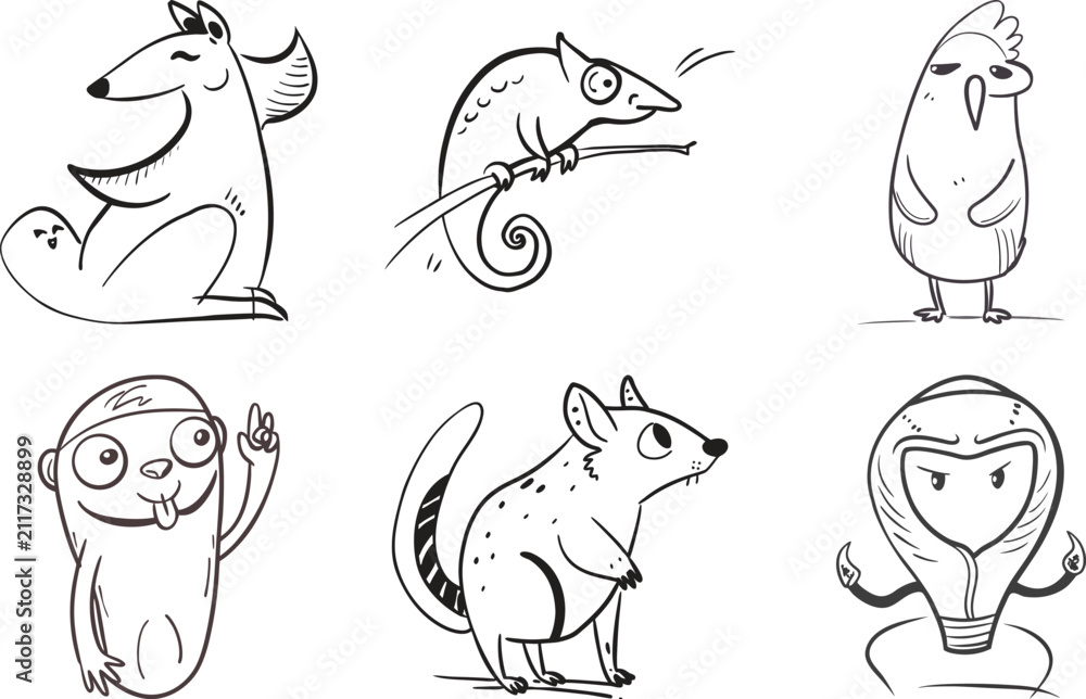 Obraz premium Doodle animals collection in sketch style, playful zoo creatures hand drawn on transparent background.