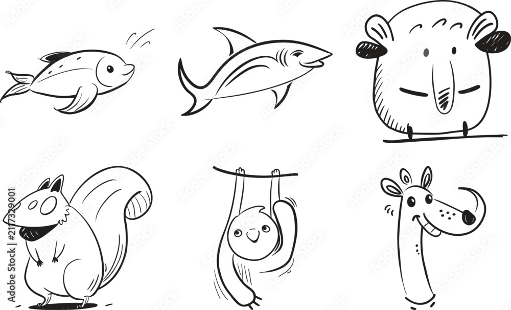Fototapeta premium Whimsical doodle animal collection cute and friendly creatures sketched on transparent background for design.